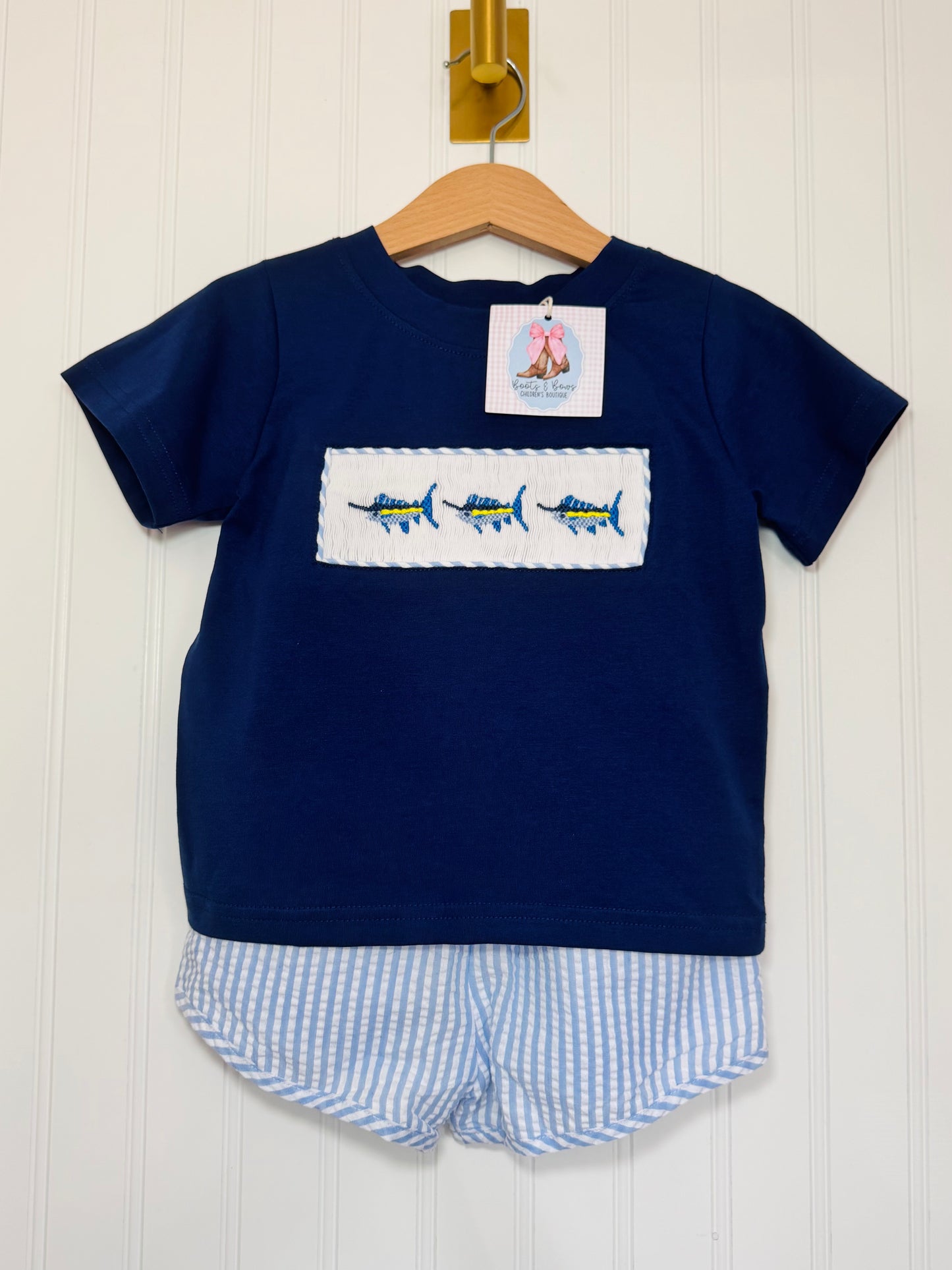 Smocked Marlin Boys Seersucker Shorts Set