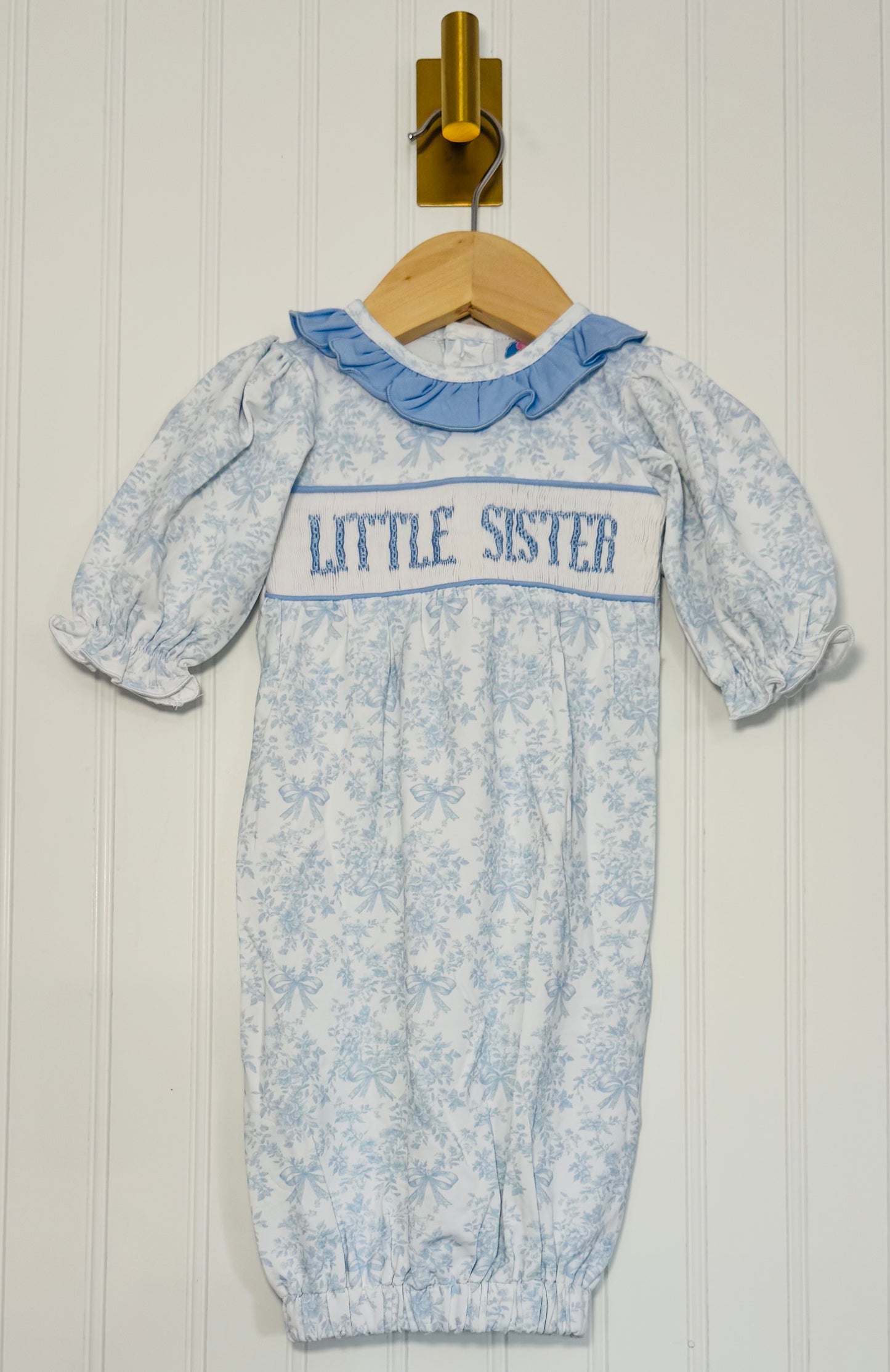 Smocked Little Sister Gown - Light Blue Toile