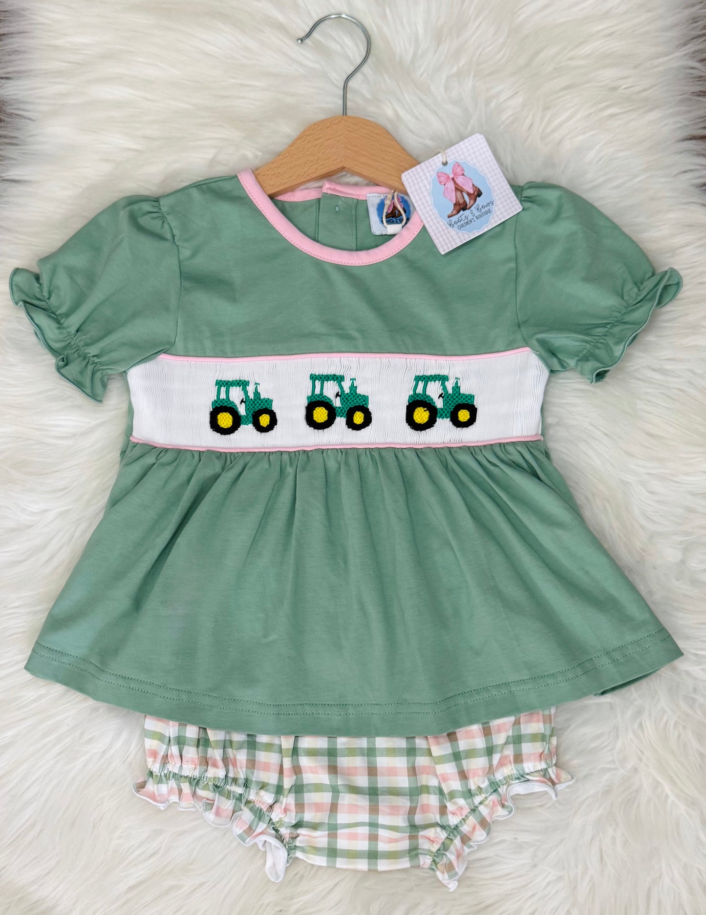 Smocked Tractor Trio Girls Bloomer Set