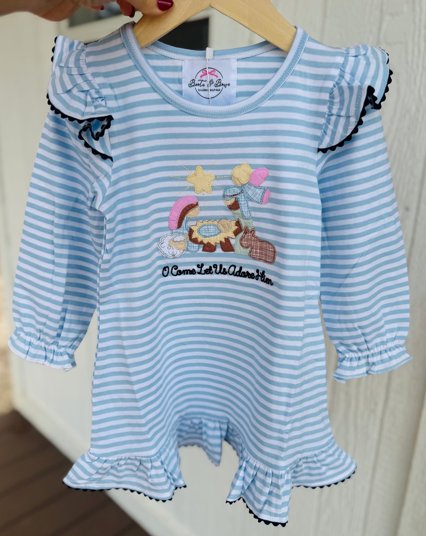 O Come Let Us Adore Him Ruffle Sleeve Dress