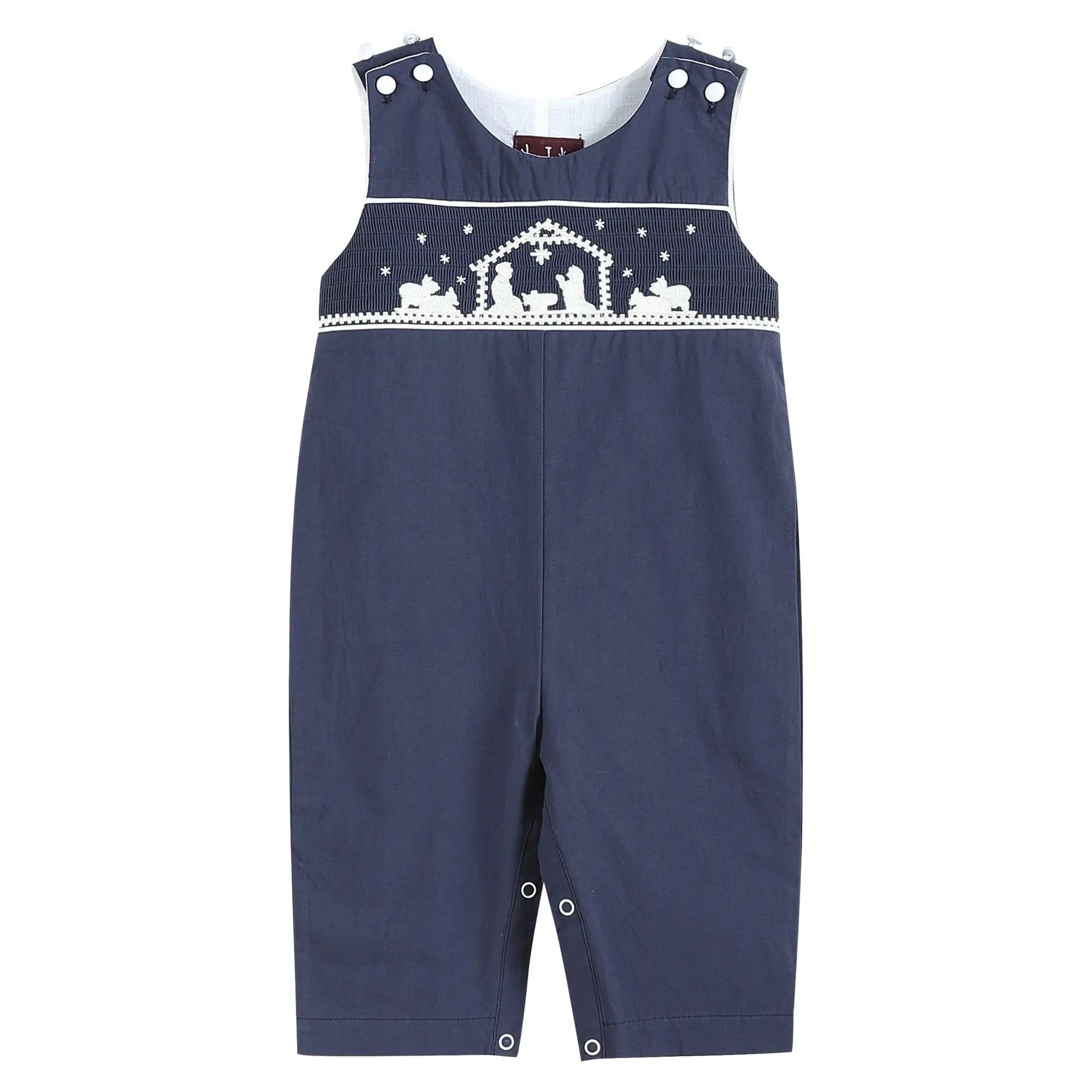 Navy Blue Smocked Nativity Overalls Boots and Bows Children's Boutique