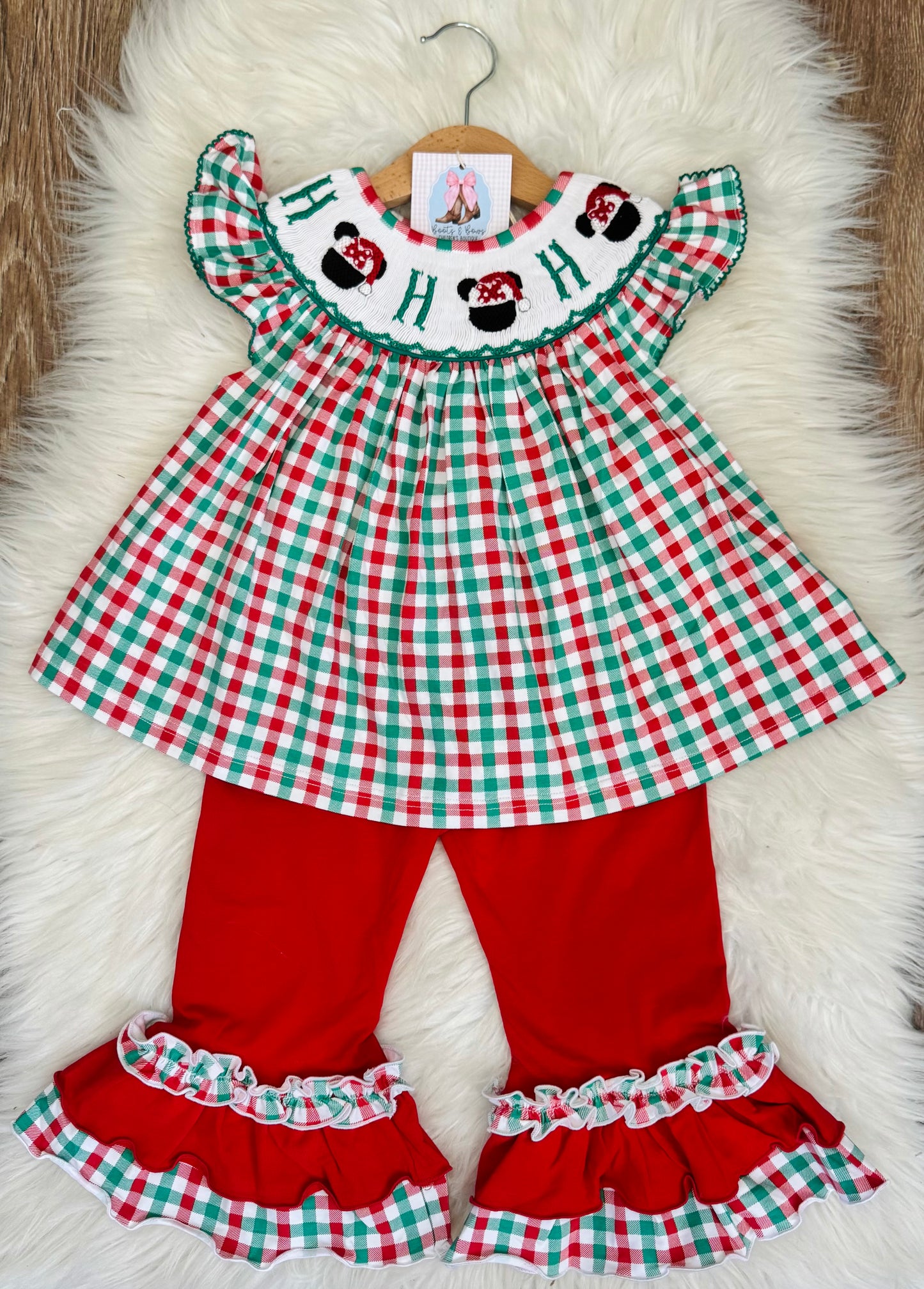 Ho Ho Ho Mouse Smocked Girls Ruffle Pants Set
