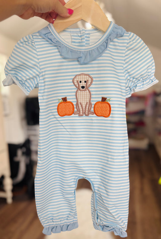 Blue Dog & Pumpkin Applique Girl Romper