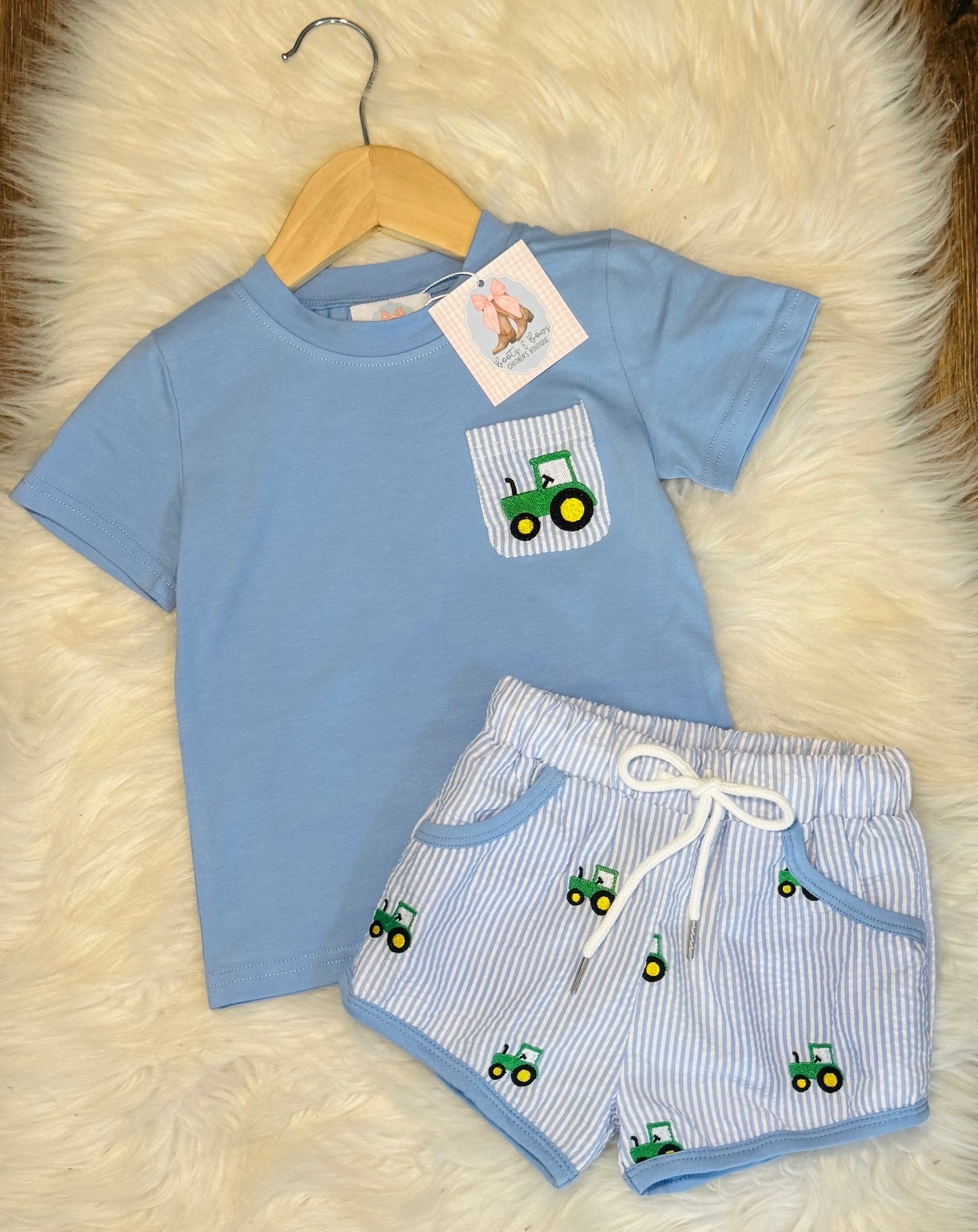 Seersucker Tractor Boys Shorts Set