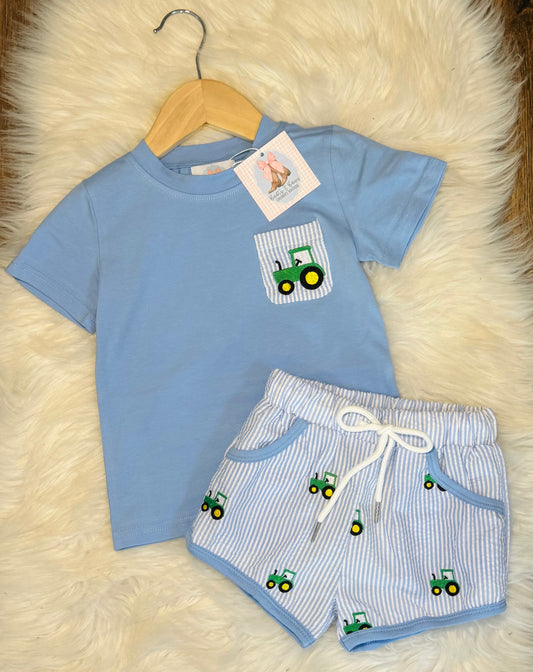Seersucker Tractor Boys Shorts Set