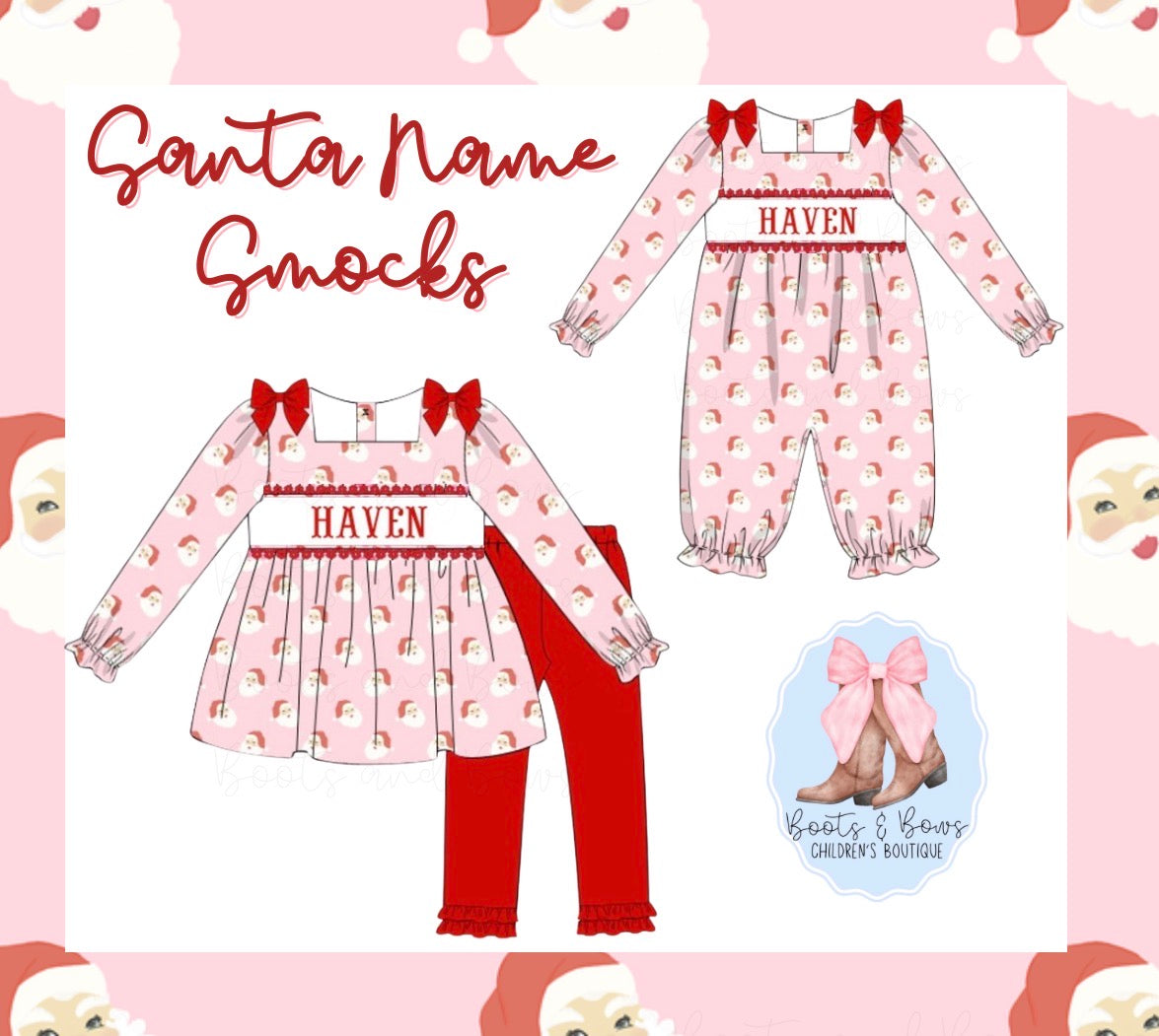 PREORDER 40 - Girls Santa Name Smocks (ETA NOVEMBER) *CHRISTMAS DEAL OF THE DAY*