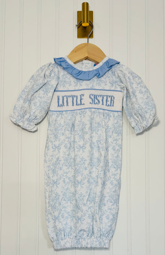 Smocked Little Sister Gown - Light Blue Toile