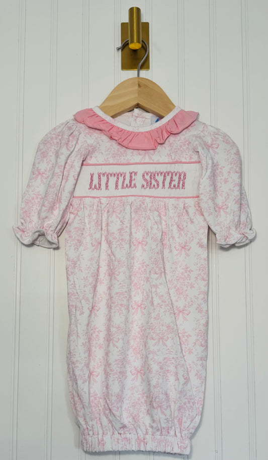 Smocked Little Sister Gown - Light Pink Toile
