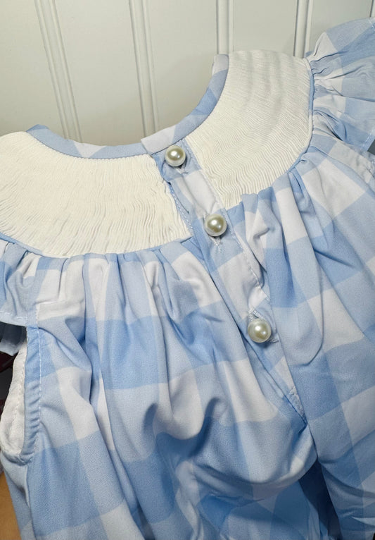 Blue Check Pumpkins Smocked Girls Bubble
