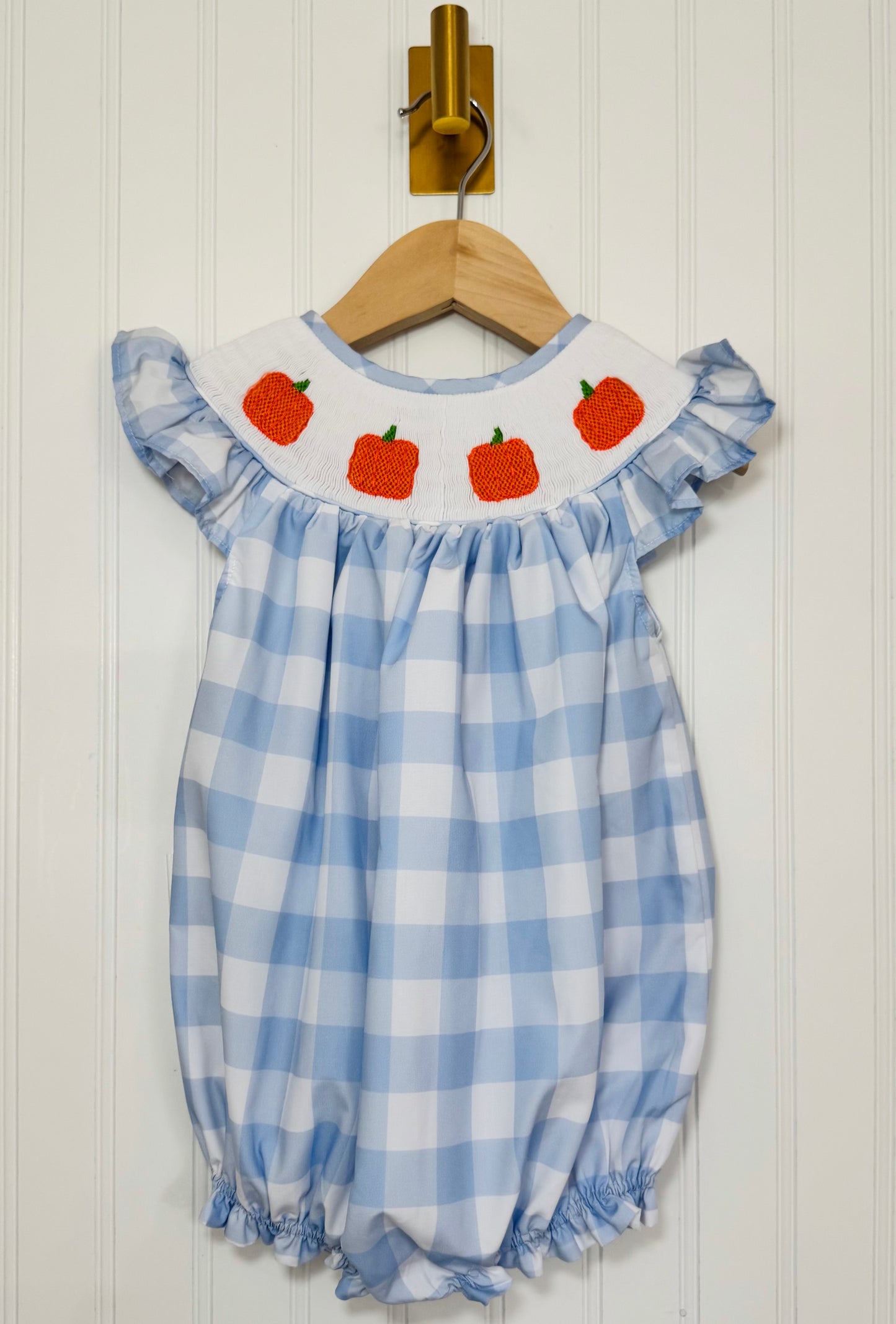 Blue Check Pumpkins Smocked Girls Bubble