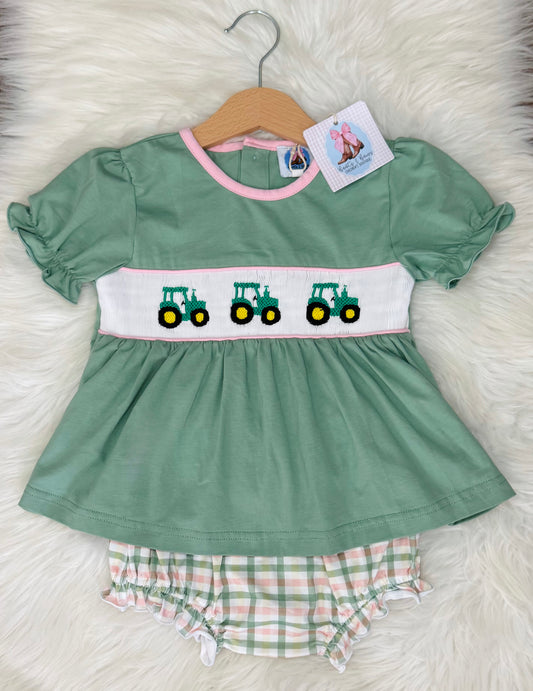 Smocked Tractor Trio Girls Bloomer Set