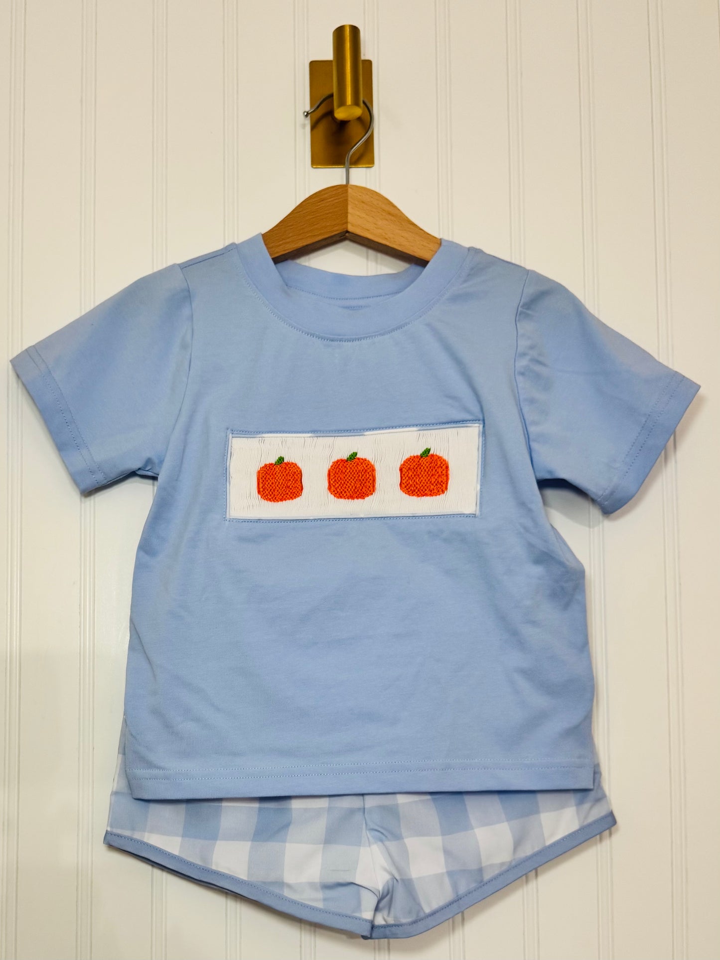 Blue Check Pumpkins Smocked Boys Shorts Set