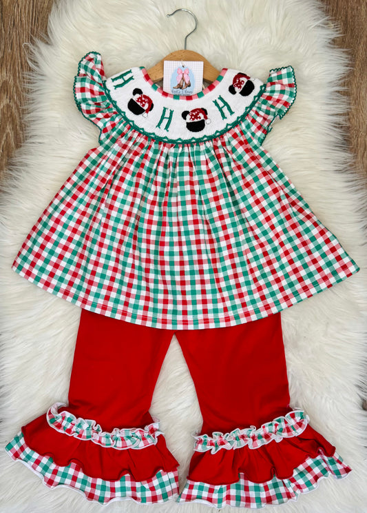 Ho Ho Ho Mouse Smocked Girls Ruffle Pants Set