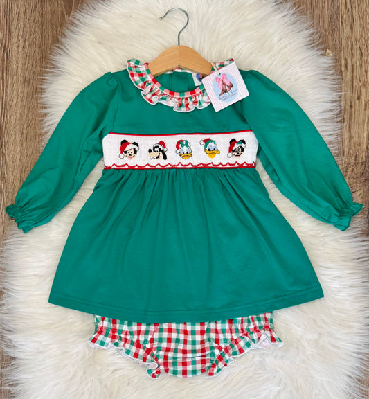 Christmas Crew Smocked Girls Bloomer Set